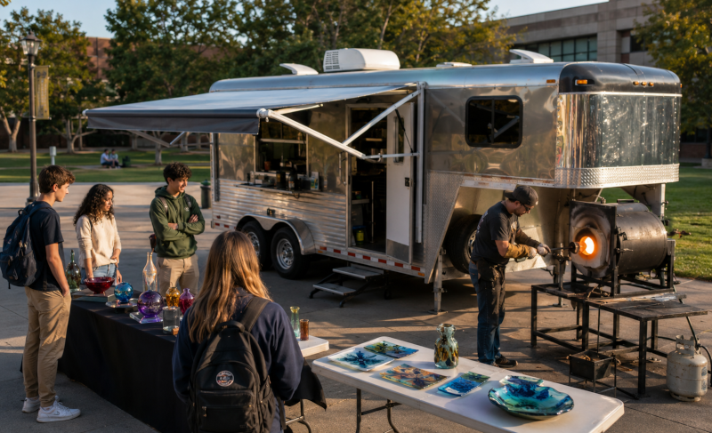 Stone and Glass Mobile Glass Art Studio with students gathered around a live glassblowing demonstration